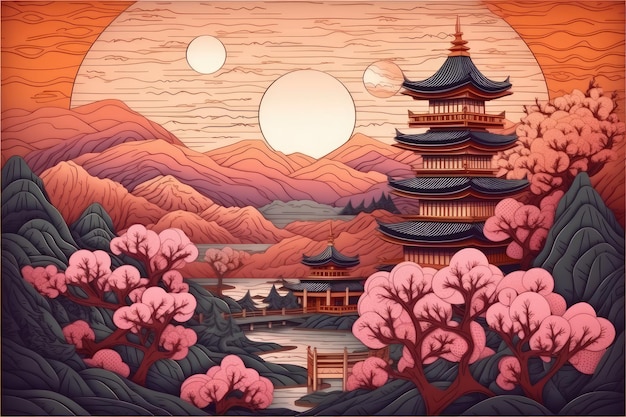 Uma ilustração recortada em papel do Japão e do pôr do sol escuro com uma montanha