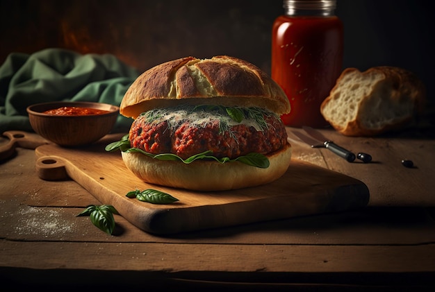 uma ilustração sanduíche de carne picante com molho de marinara imagem de AI