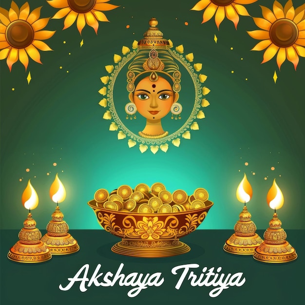 Uma ilustração serena para Akshaya Tritiya mostrando uma divindade cercada por moedas de ouro, lâmpadas de óleo ornamentadas e motivos de sol em um fundo verde escuro calmante