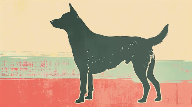 Uma ilustração simples e elegante de um cão em posição sentada O cão está voltado para a esquerda do espectador e é de cor cinza escuro