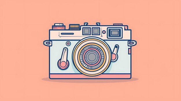 Uma ilustração simples e elegante de uma câmera vintage A câmera é azul claro com uma lente marrom e uma alça rosa O fundo é um laranja pálido