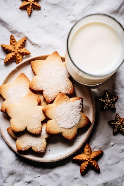 Uma ilustração simples, mas festiva, de biscoitos de Natal e leite contra um fundo branco texturizado gerado por IA
