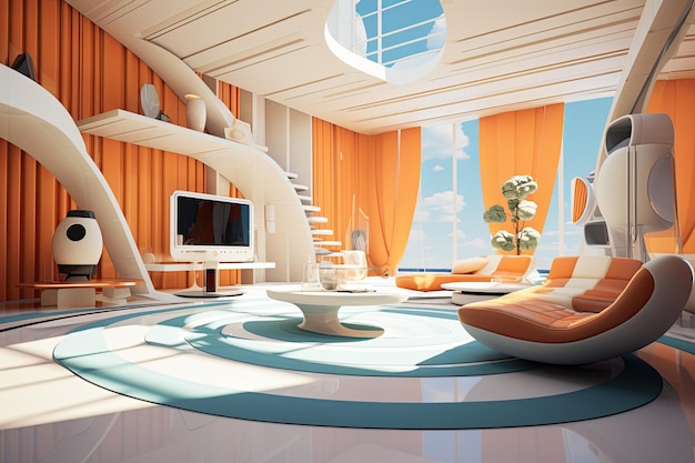 Uma ilustração tridimensional de um quarto interior conceitual moderno apresentando um estilo de design contemporâneo