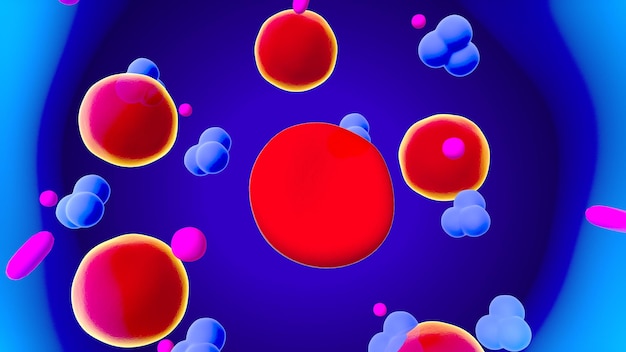 Foto uma ilustração vermelha e azul de um líquido vermelho e azul com bolhas e bolhas