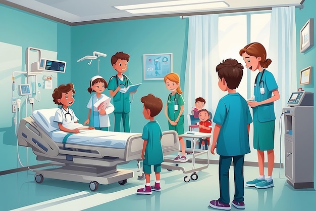 Foto uma ilustração vetorial de crianças visitando seu amigo no hospital