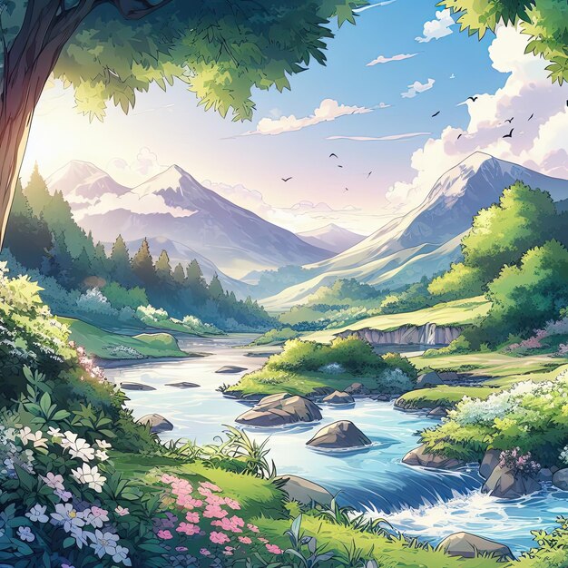 Uma ilustração vetorial de estilo anime de paisagem realista com belas paisagens