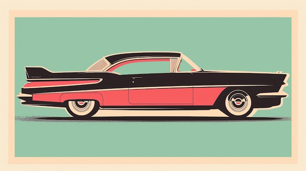 Uma ilustração vetorial de estilo retro de um carro clássico dos anos 50 O carro é preto com uma faixa rosa e tem um fundo branco