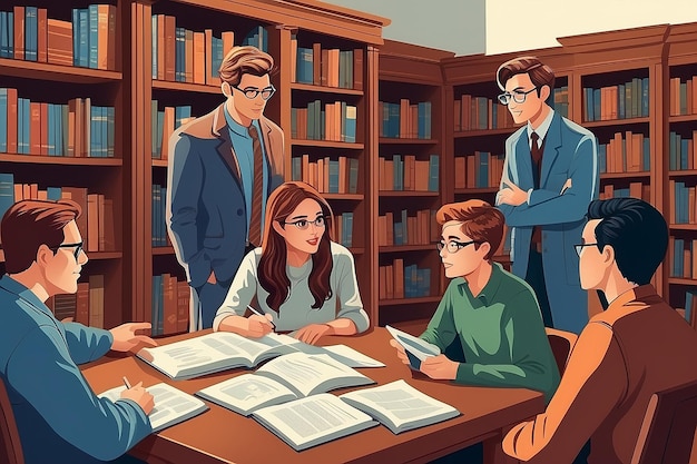 Uma ilustração vetorial de estudantes universitários tendo uma discussão com seu professor na biblioteca