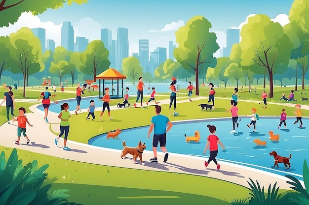 Uma ilustração vetorial de pessoas em um parque fazendo atividades