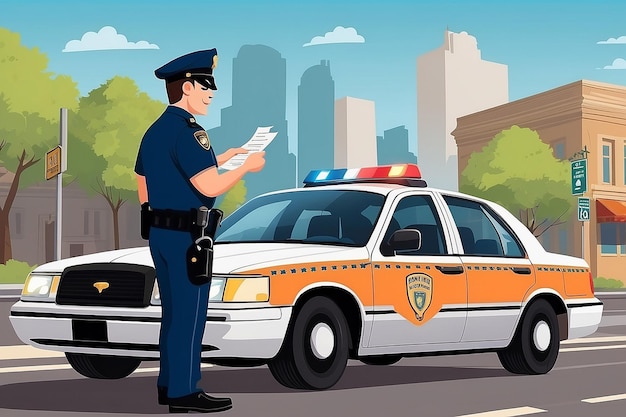 Uma ilustração vetorial de um policial dando a um motorista uma multa por violação de trânsito