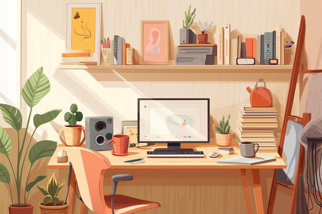 uma ilustração vetorial de uma mesa de computador com livros e um livro na prateleira.