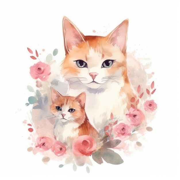 Uma ilustração vetorial em aquarela gerada por IA de uma mãe e um gato bebê IA generativa