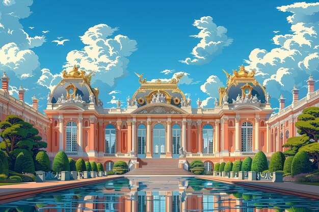 Uma ilustração vetorial gerada por IA mostrando o design clássico dos jardins do Palácio de Versalhes