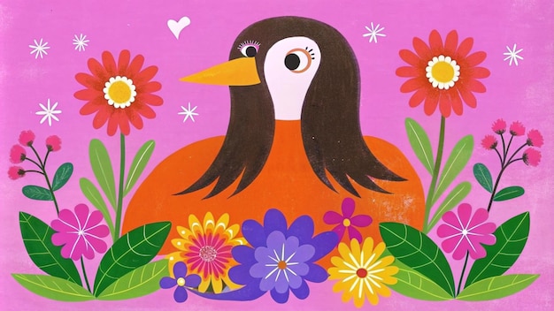 Uma ilustração vibrante de um pássaro de cabelo preto longo posando em meio a flores silvestres