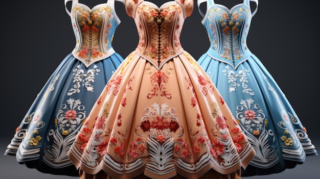 Uma ilustração vibrante de um vestido dirndl tradicional adornado com padrões coloridos