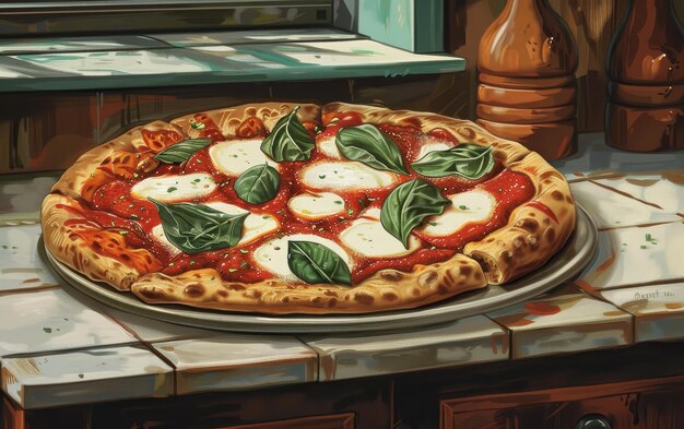 Uma ilustração vibrante de uma clássica pizza Margherita adornada com manjericão fresco em uma bancada de cozinha rústica evocando uma sensação de culinária tradicional italiana