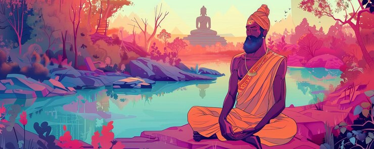 Foto uma ilustração vibrante do sábio bharadvaja, o autor dos vedas, sentado em meditação com um