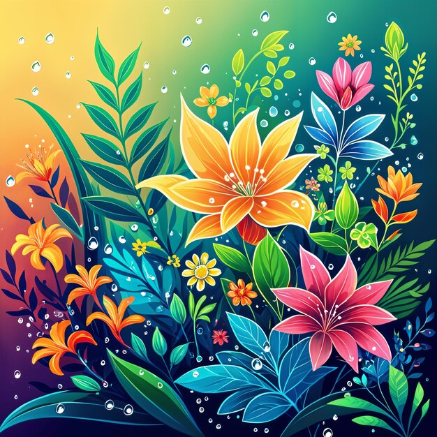 Uma ilustração vibrante e colorida de várias flores, folhas e plantas em um fundo gradiente