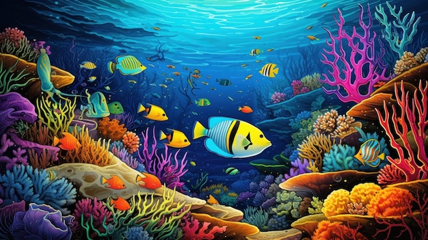 uma ilustração vibrante e detalhada da vida aquática com peixes coloridos, algas marinhas e corais