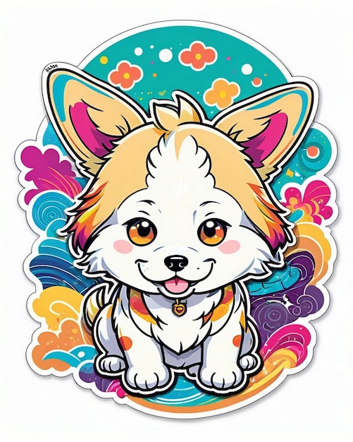 uma ilustração vibrante e lúdica de um adesivo de cachorro bonito inspirado na arte kawaii japonesa