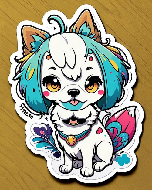 uma ilustração vibrante e lúdica de um adesivo de cachorro bonito inspirado na arte kawaii japonesa