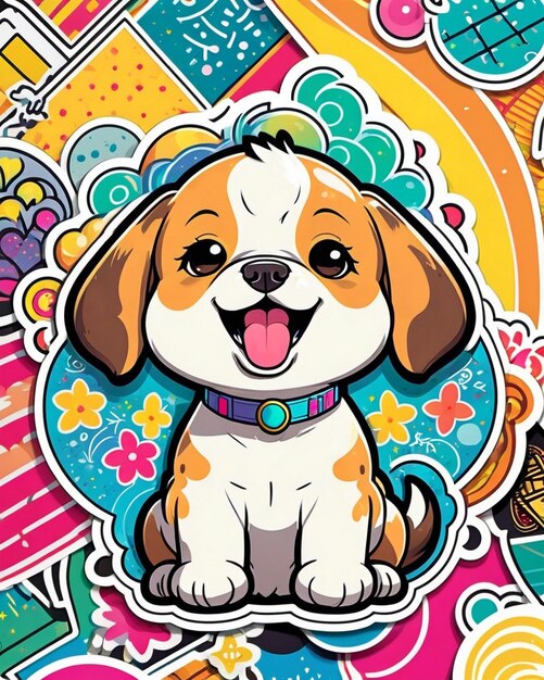 uma ilustração vibrante e lúdica de um adesivo de cachorro bonito inspirado na arte kawaii japonesa