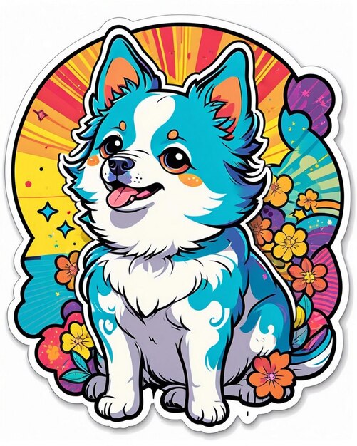 uma ilustração vibrante e lúdica de um adesivo de cachorro bonito inspirado na arte kawaii japonesa