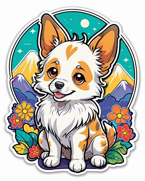 uma ilustração vibrante e lúdica de um adesivo de cachorro bonito inspirado na arte kawaii japonesa