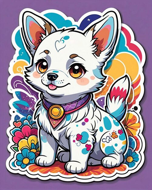 uma ilustração vibrante e lúdica de um adesivo de cachorro bonito inspirado na arte kawaii japonesa