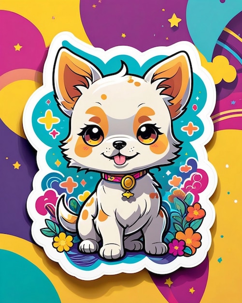 uma ilustração vibrante e lúdica de um adesivo de cachorro bonito inspirado na arte kawaii japonesa