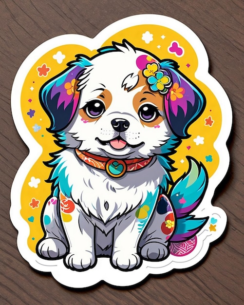 uma ilustração vibrante e lúdica de um adesivo de cachorro bonito inspirado na arte kawaii japonesa