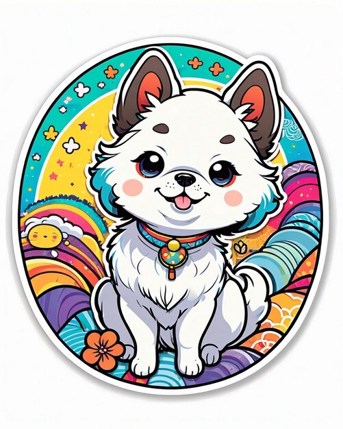 uma ilustração vibrante e lúdica de um adesivo de cachorro bonito inspirado na arte kawaii japonesa