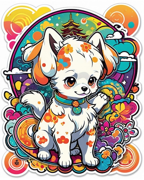 uma ilustração vibrante e lúdica de um adesivo de cachorro bonito inspirado na arte kawaii japonesa