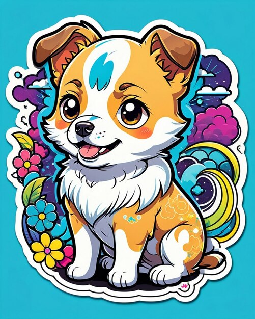 uma ilustração vibrante e lúdica de um adesivo de cachorro bonito inspirado na arte kawaii japonesa