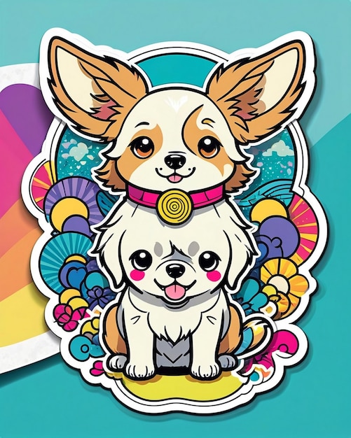 uma ilustração vibrante e lúdica de um adesivo de cachorro bonito inspirado na arte kawaii japonesa