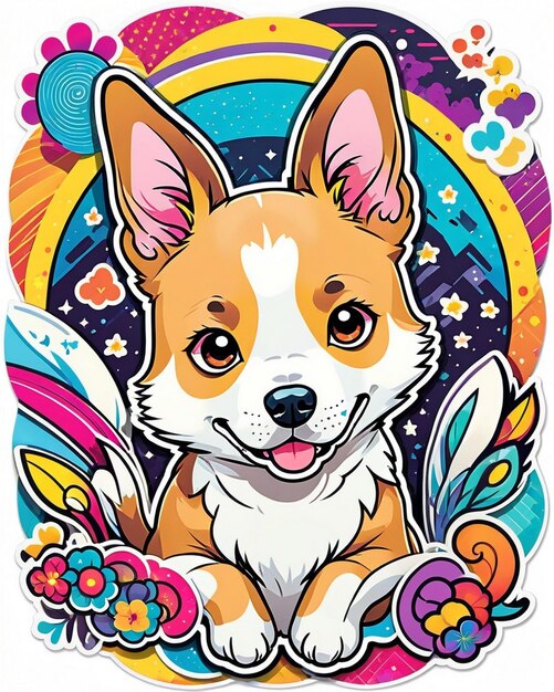 uma ilustração vibrante e lúdica de um adesivo de cachorro bonito inspirado na arte kawaii japonesa