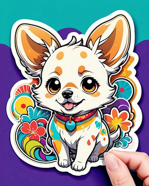 uma ilustração vibrante e lúdica de um adesivo de cachorro bonito inspirado na arte kawaii japonesa