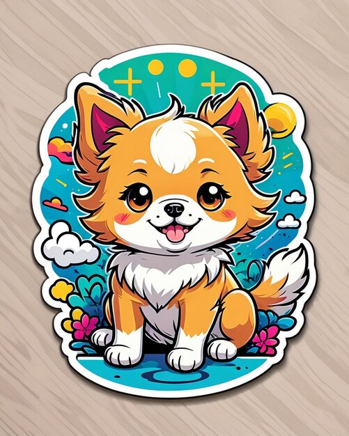 uma ilustração vibrante e lúdica de um adesivo de cachorro bonito inspirado na arte kawaii japonesa