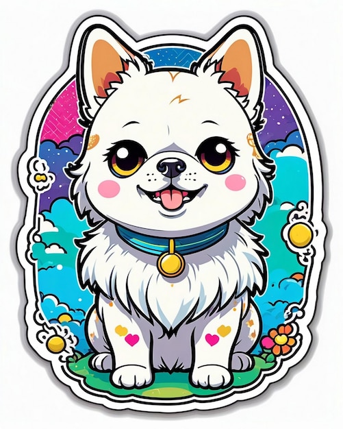 uma ilustração vibrante e lúdica de um adesivo de cachorro bonito inspirado na arte kawaii japonesa