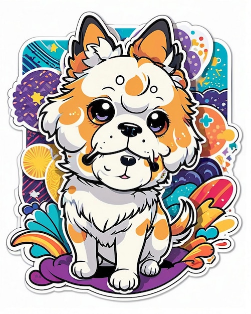 uma ilustração vibrante e lúdica de um adesivo de cachorro bonito inspirado na arte kawaii japonesa