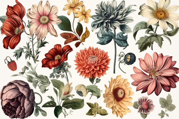 Uma ilustração vintage de flores e folhas.
