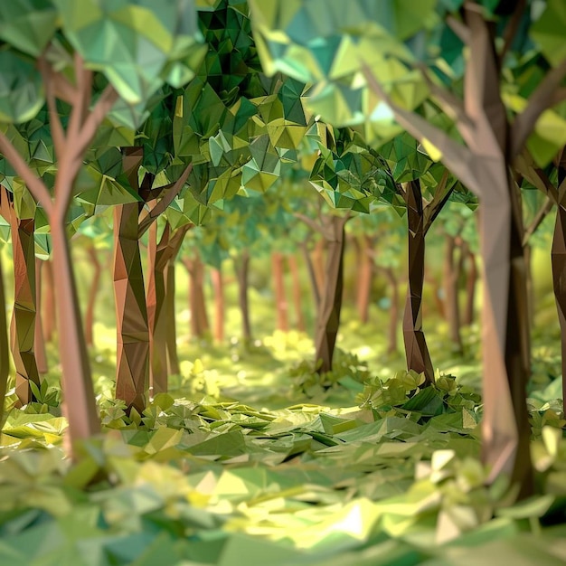 uma imagem 3D de uma floresta com árvores poligonais baixas