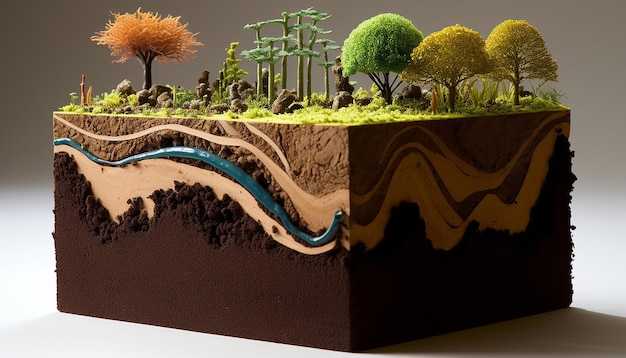 Foto uma imagem 3d que representa uma secção transversal de camadas de solo com micro-organismos de raízes