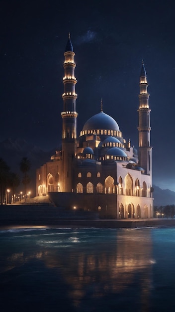 Uma imagem 4K serena com uma mesquita icônica à noite