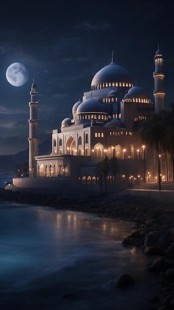 Uma imagem 4K serena com uma mesquita icônica à noite