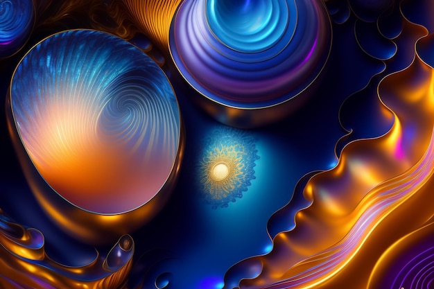 Uma imagem abstrata colorida de um fundo azul e laranja com um grande número de círculos