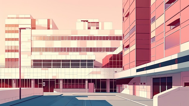 Uma imagem abstrata de hospital escritório moderno ou edifício educacional edifício de escritório arranha-céu arquitetura de negócios trabalho moderno corporação desenho animado tons cor-de-rosa e bege gerado por AI