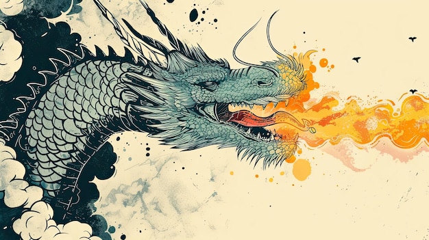 Uma imagem abstrata de um dragão azul vomitando chama respiração ardente criatura mítica monstro mito conto de fadas lenda força poder destruição ataque estilo desenhado à mão gerado por AI