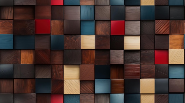 Uma imagem abstrata de uma parede de mosaico de madeira composta por uma série de cubos coloridos com fundo sem costura