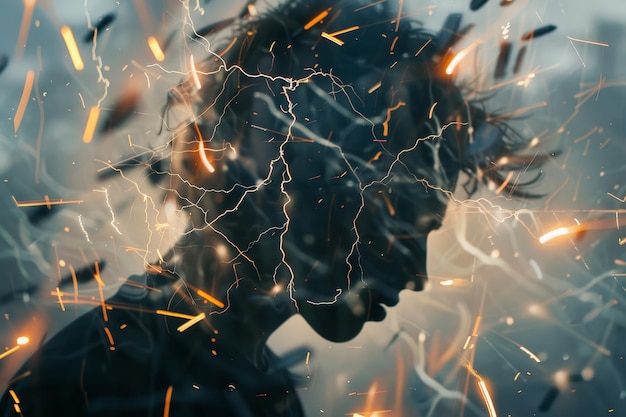 Foto uma imagem abstrata de uma pessoa com dor de cabeça, sua cabeça cercada por uma série de relâmpagos, que simbolizam o início súbito de uma dor de cabeça.